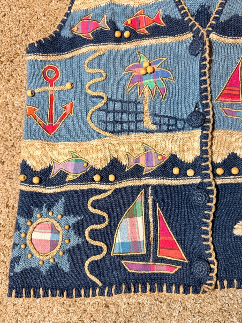 Vintage Orvis Nautical Embroidered Knit Vest in Blue and Cream - Picture 2 of 9